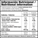 Tabla de información nutricional de Proteína Aislada Whey Pure, muestra porción de 30 g, calorías, grasas, carbohidratos, proteínas y minerales.