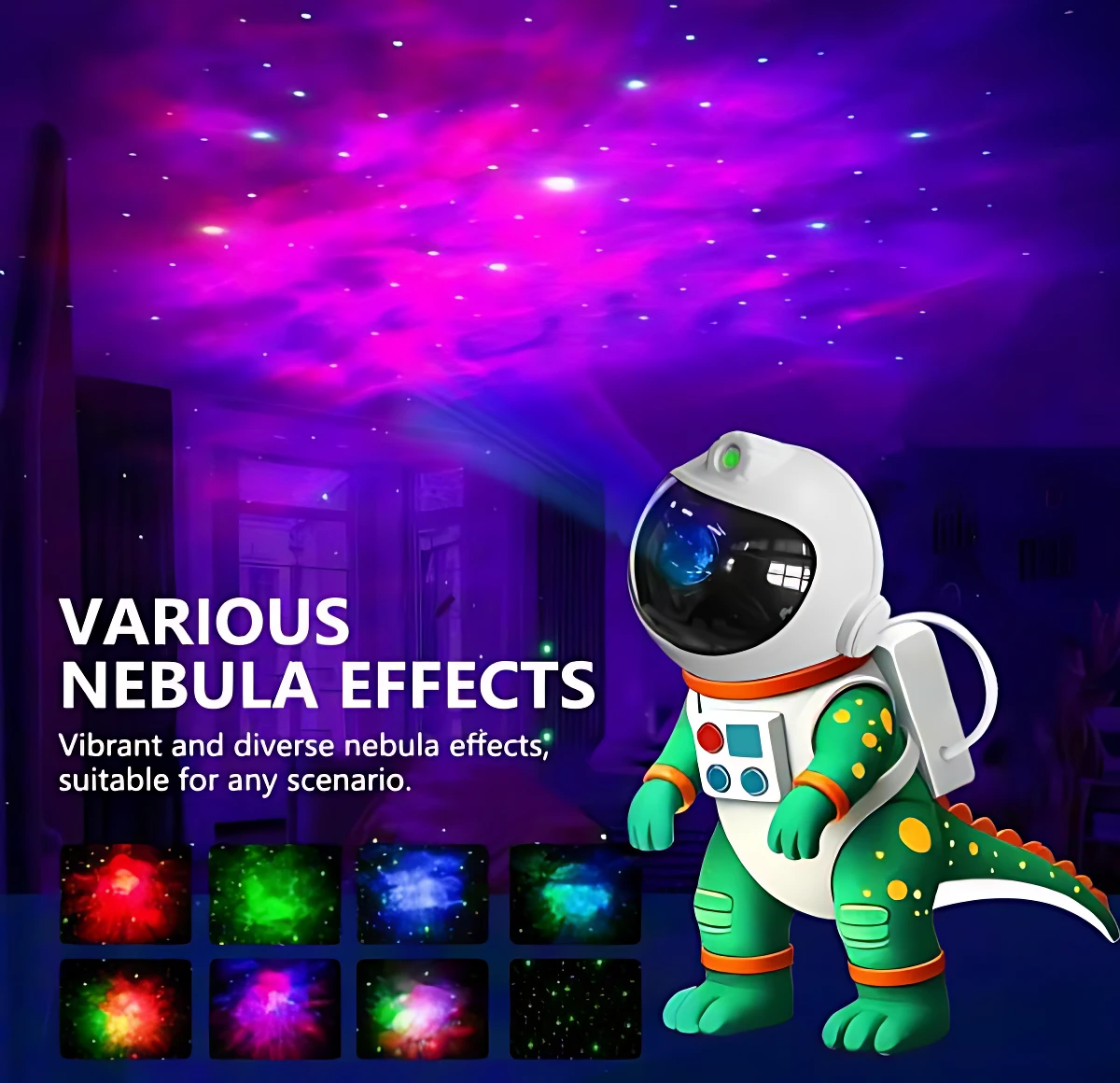 Proyector Galaxy Dinosaurio Astronauta: figura verde con traje espacial blanco, proyectando nebulosas multicolores en techo y paredes. Incluye 8 efectos visuales.