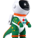 Proyector Galaxy Dinosaurio Astronauta en color verde con detalles naranjas y blancos, diseño de traje espacial con panel de control frontal y antena superior.