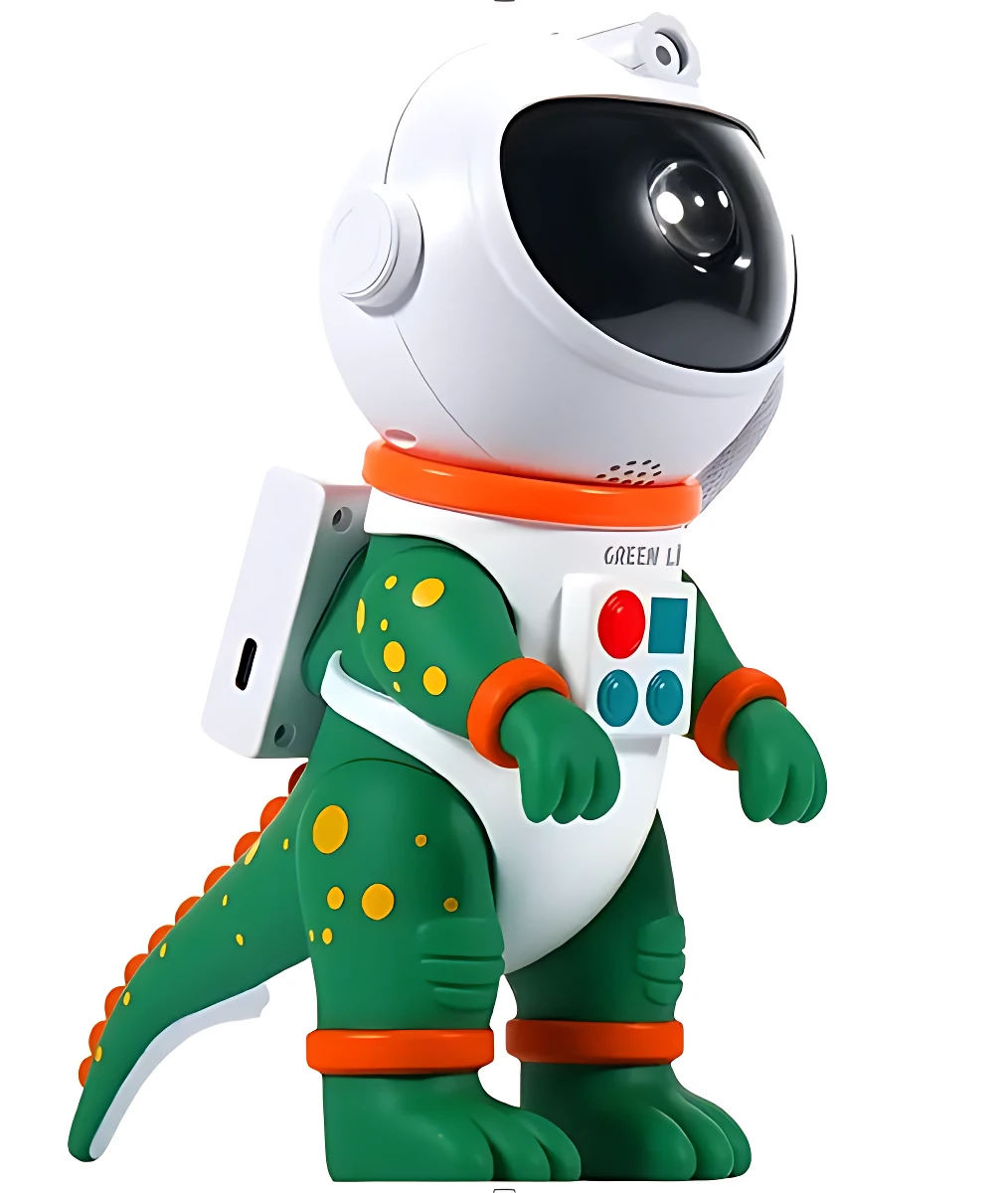 Proyector Galaxy Dinosaurio Astronauta en color verde con detalles naranjas y blancos, diseño de traje espacial con panel de control frontal y antena superior.