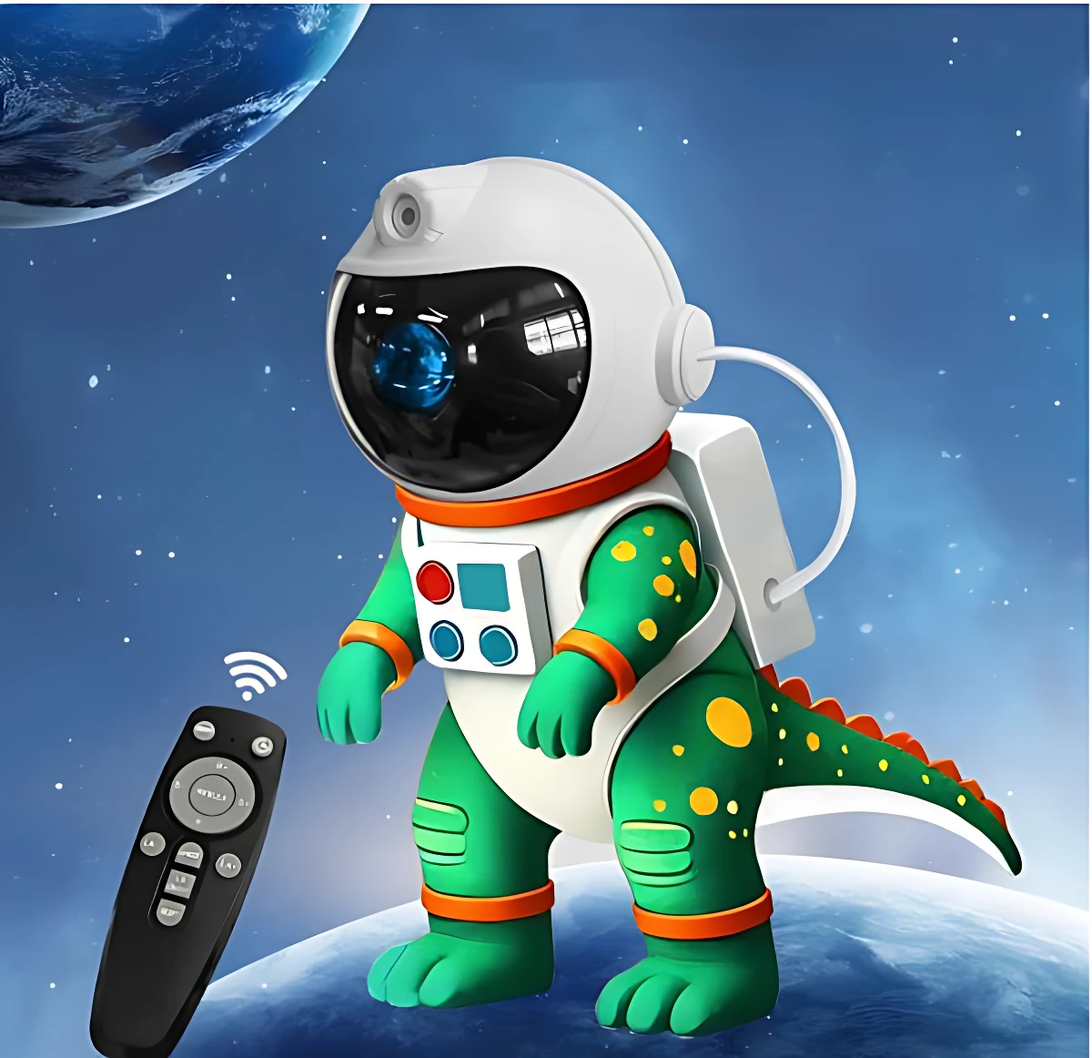 Proyector Galaxy Dinosaurio Astronauta verde con detalles naranjas y amarillos, control remoto negro visible, fondo espacial con planeta azul.