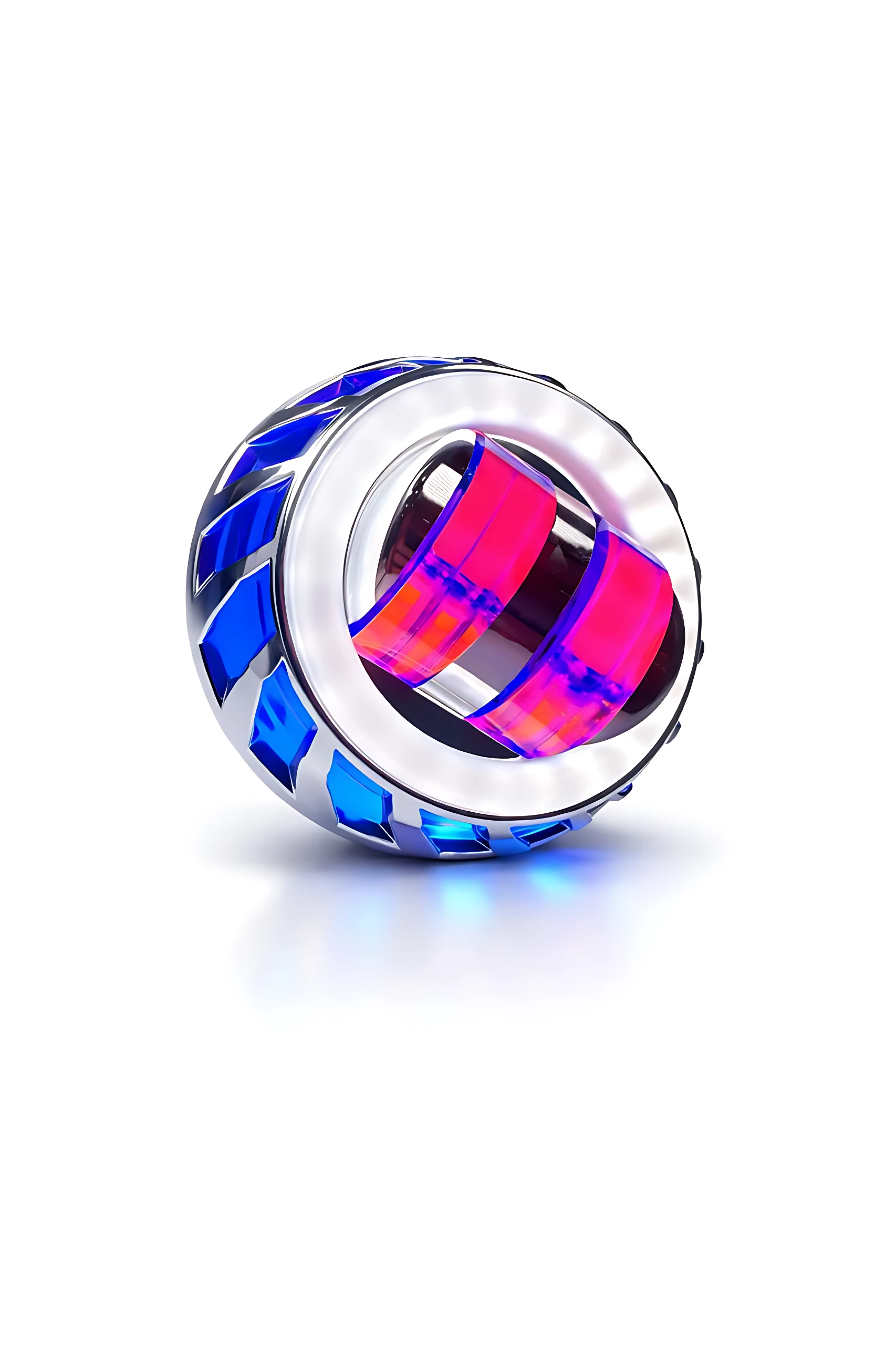 Proyector LED de alta potencia para vehículos, con carcasa metálica plateada y luces internas en azul y rosa brillante, diseñado para montaje frontal en autos.