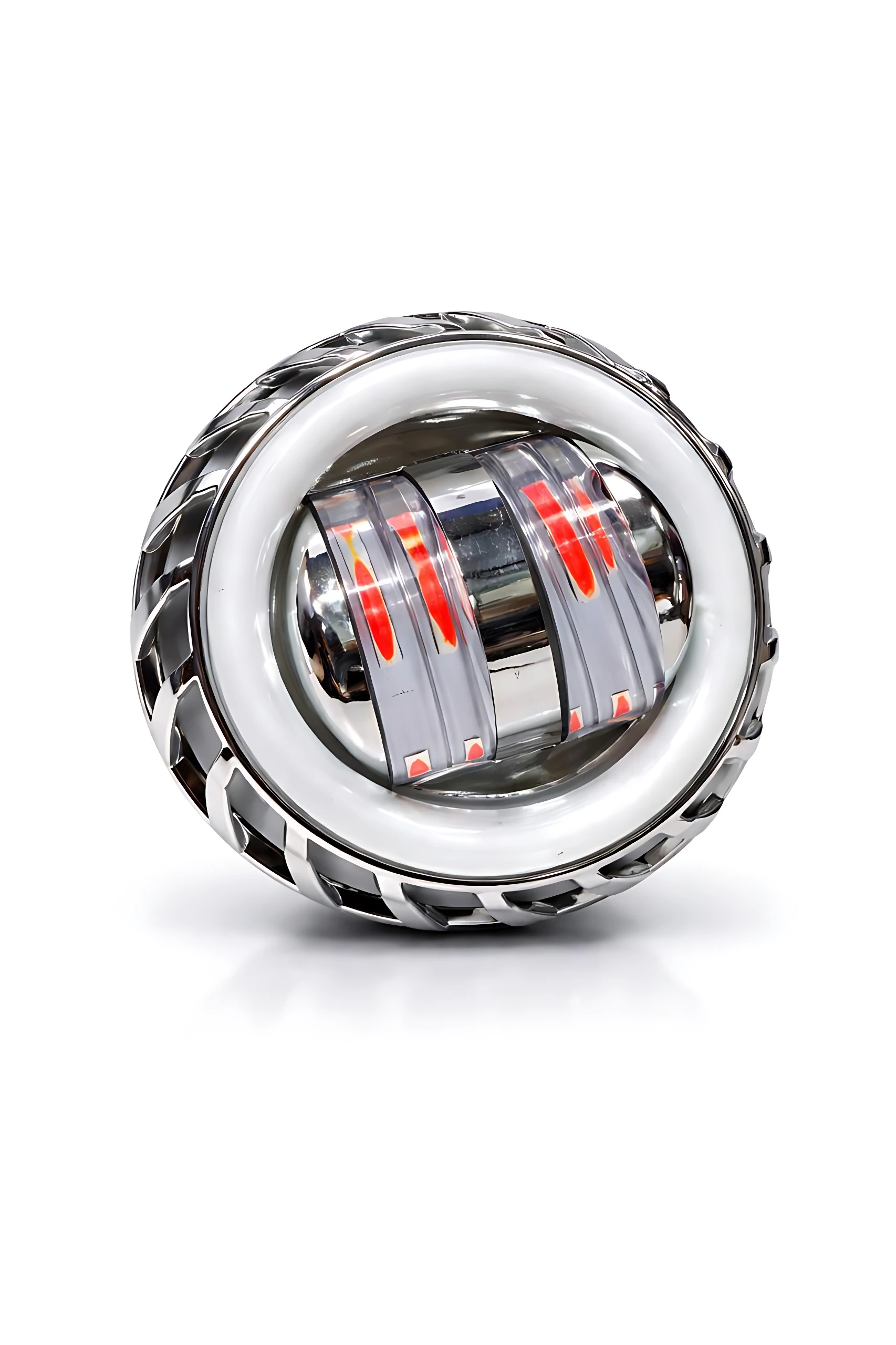 Proyector LED de alta potencia para vehículos 12V a 80V, con carcasa metálica cromada y luces rojas internas visibles desde ángulo frontal.
