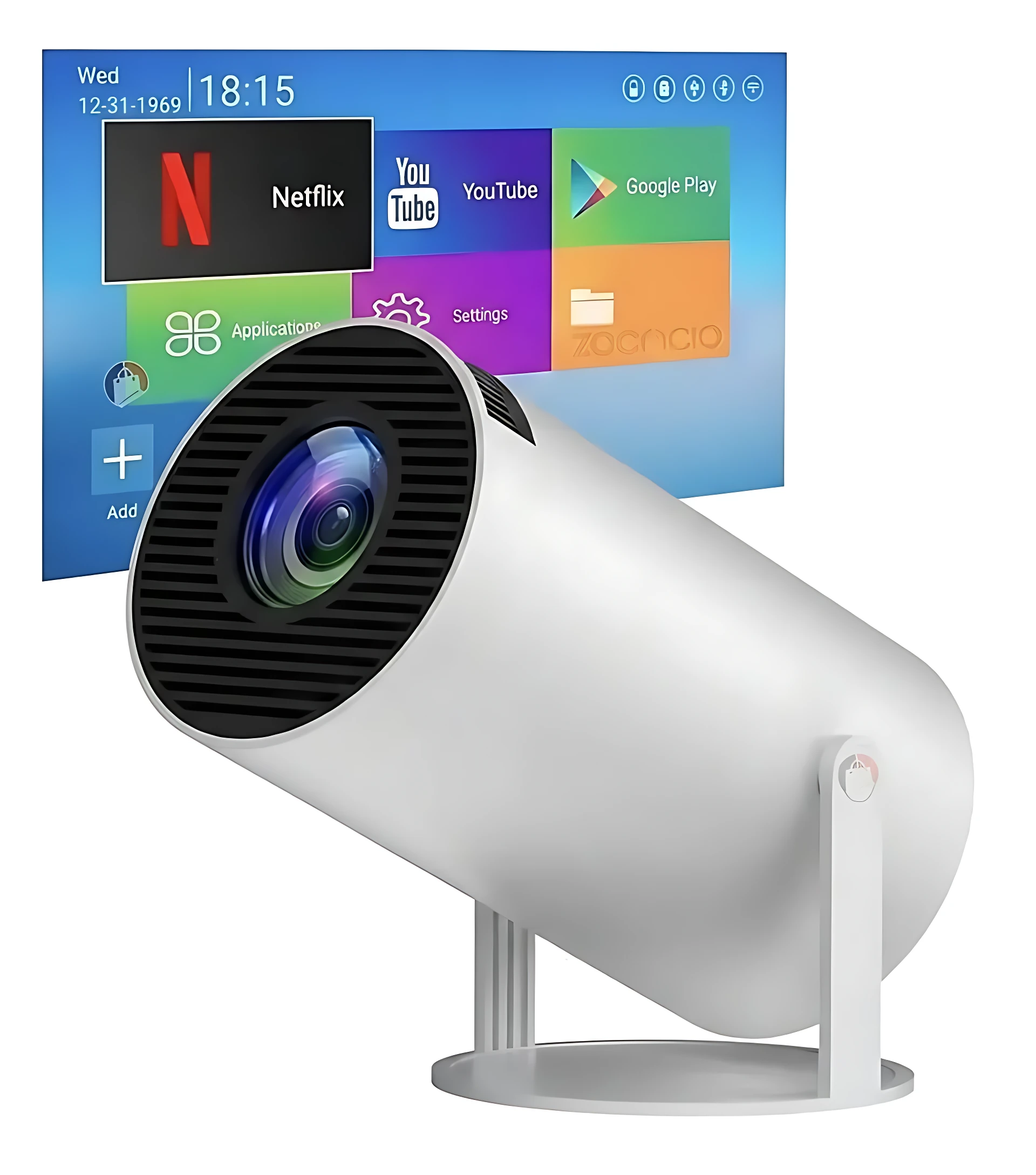 Proyector Smart HY300 blanco con lente frontal y pantalla de interfaz Android en fondo, mostrando aplicaciones como Netflix, YouTube y Google Play.