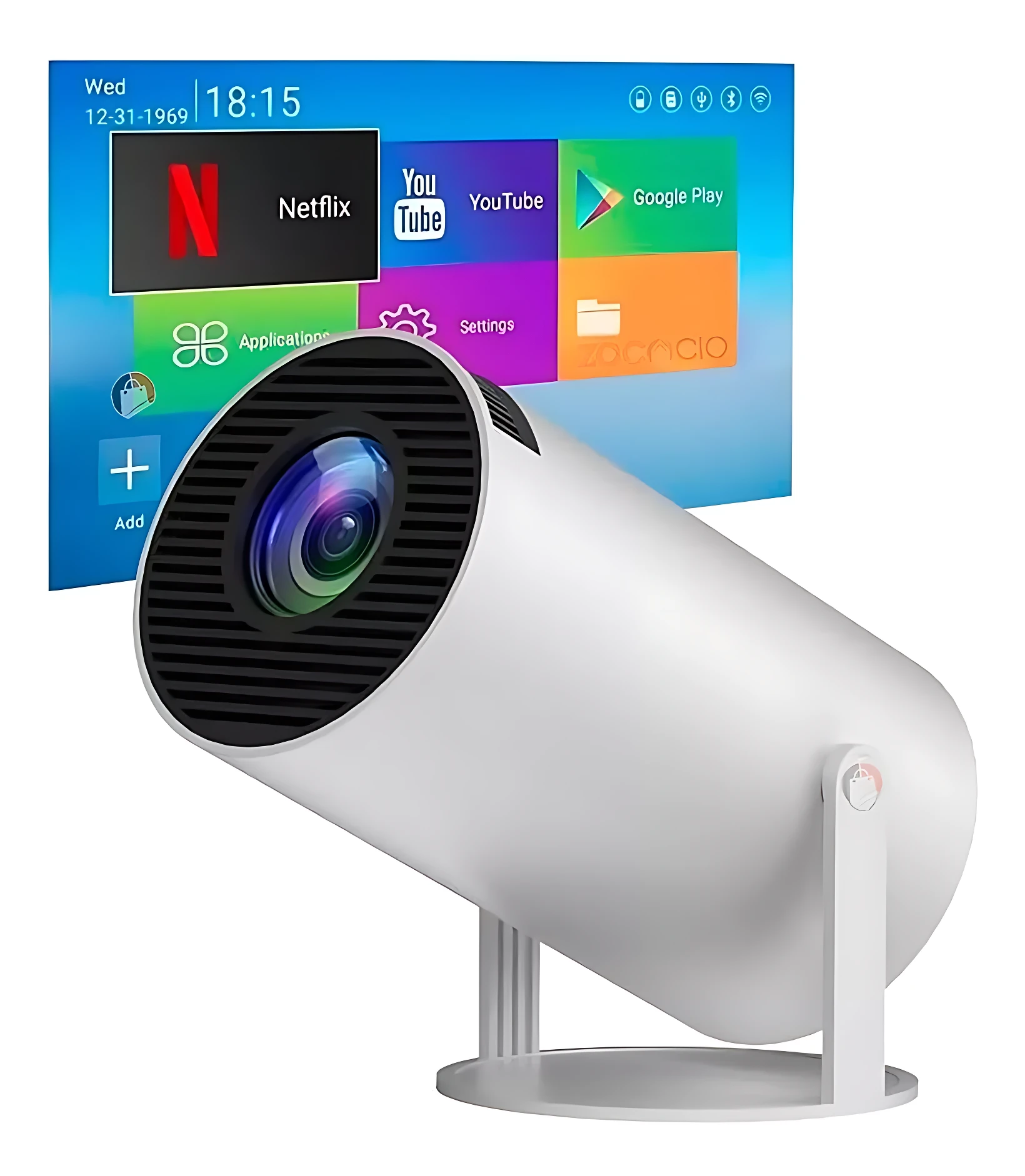 Proyector Smart Hy300 Pro blanco con soporte, mostrando pantalla de inicio con aplicaciones como Netflix y YouTube.