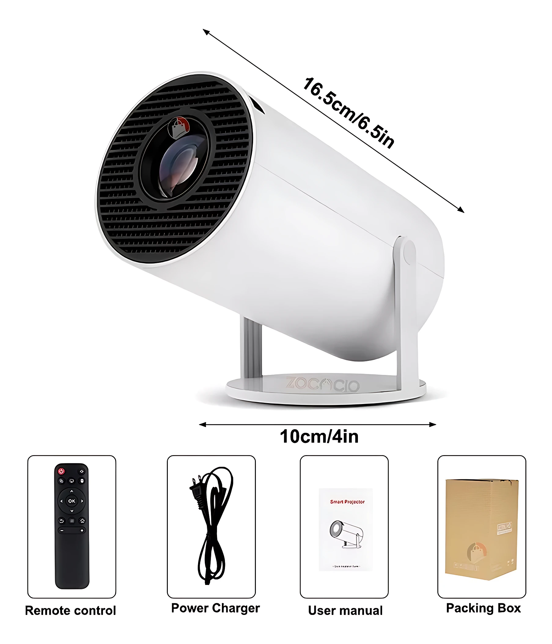 Proyector Smart Hy300 Pro blanco con base, lente frontal y rejilla de ventilación. Incluye mando a distancia, cable de alimentación, manual y caja de embalaje. Medidas visibles: 16,5 cm de largo y 10 cm de ancho.