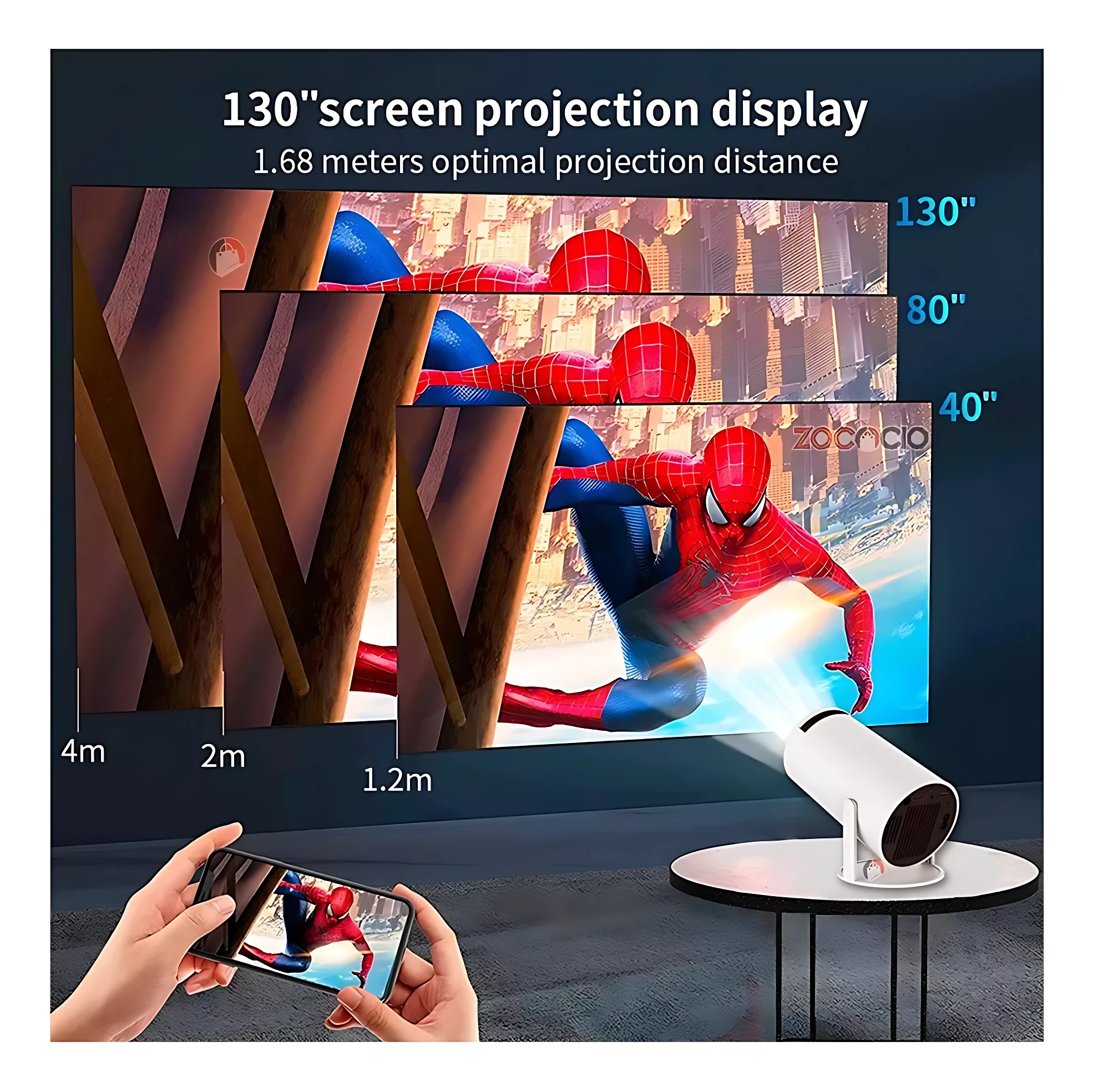 Proyector Smart Hy300 Pro proyectando de Spiderman en pantalla de 130 pulgadas a 4 metros de distancia, con controles desde smartphone.