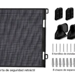 Puerta retráctil de malla negra con sistema de instalación sin herramientas, incluye soportes, enganches, tornillos y chazos de expansión para fijación segura en espacios interiores.