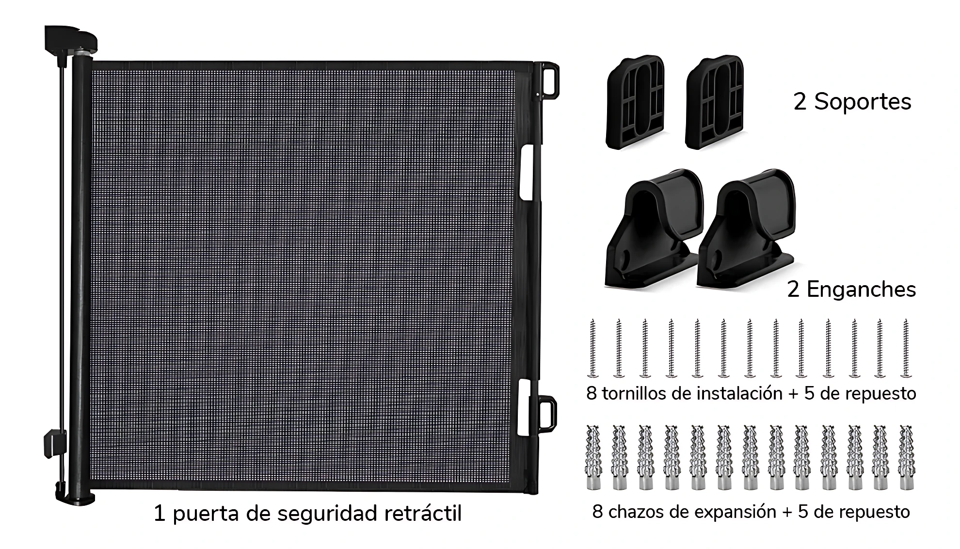 Puerta retráctil de malla negra con sistema de instalación sin herramientas, incluye soportes, enganches, tornillos y chazos de expansión para fijación segura en espacios interiores.