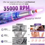 Pulidor de uñas eléctrico con motor de 35000 RPM, muestra antes y después de manicura profesional.