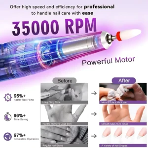 Pulidor de uñas eléctrico con motor de 35000 RPM, muestra antes y después de manicura profesional.