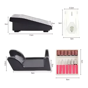 Pulidor eléctrico de uñas en color negro, con base ergonómica y accesorios incluidos: lijas, brocas y cepillos. Medidas visibles: 11 cm de largo, 4 cm de alto, 3 cm de ancho. Presentación con dimensiones detalladas.