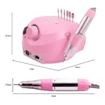 Pulidor eléctrico de uñas rosa con base de carga, accesorios incluidos y medidas 17x14x8,5 cm. Incluye mango ergonómico de 15 cm.