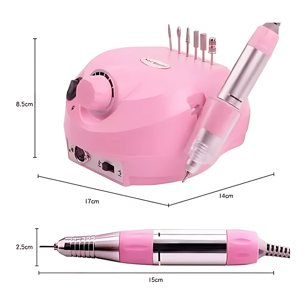 Pulidor eléctrico de uñas rosa con base de carga, accesorios incluidos y medidas 17x14x8,5 cm. Incluye mango ergonómico de 15 cm.