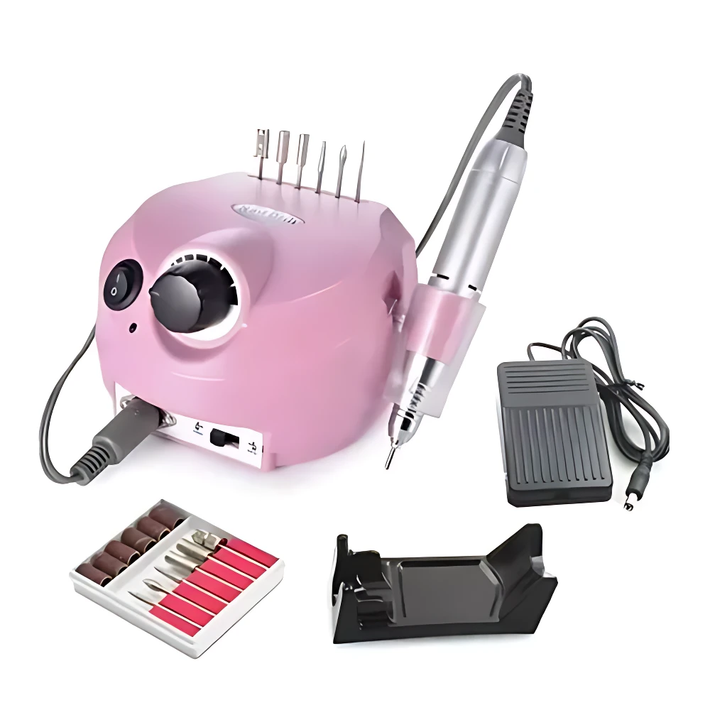 Pulidor eléctrico de uñas rosa con base, motor, pedal, estuche de accesorios y soporte para herramienta.