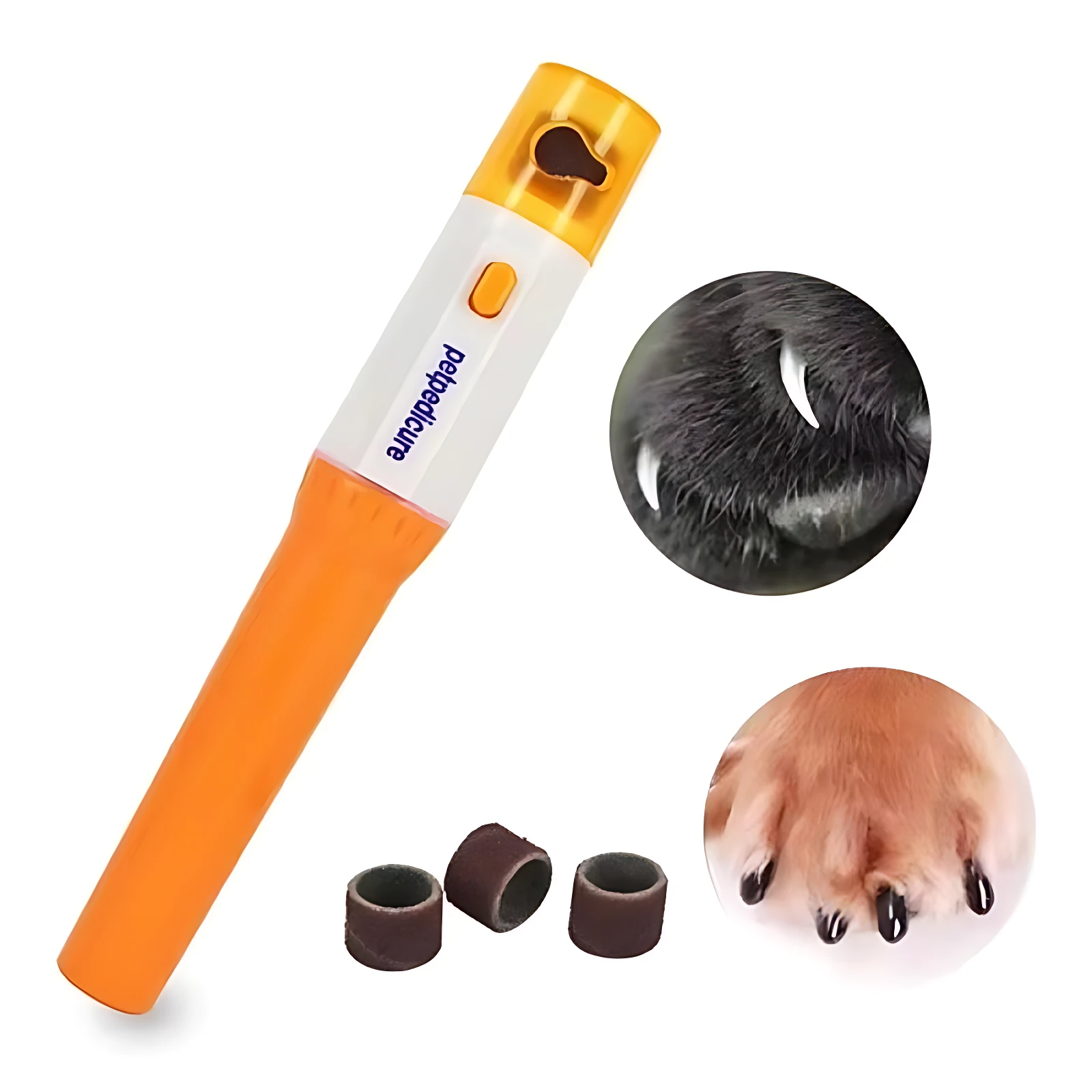 Pulidor eléctrico de callos en naranja con cabezales intercambiables, incluye tres accesorios y muestra detalles de uso en patas de perro.