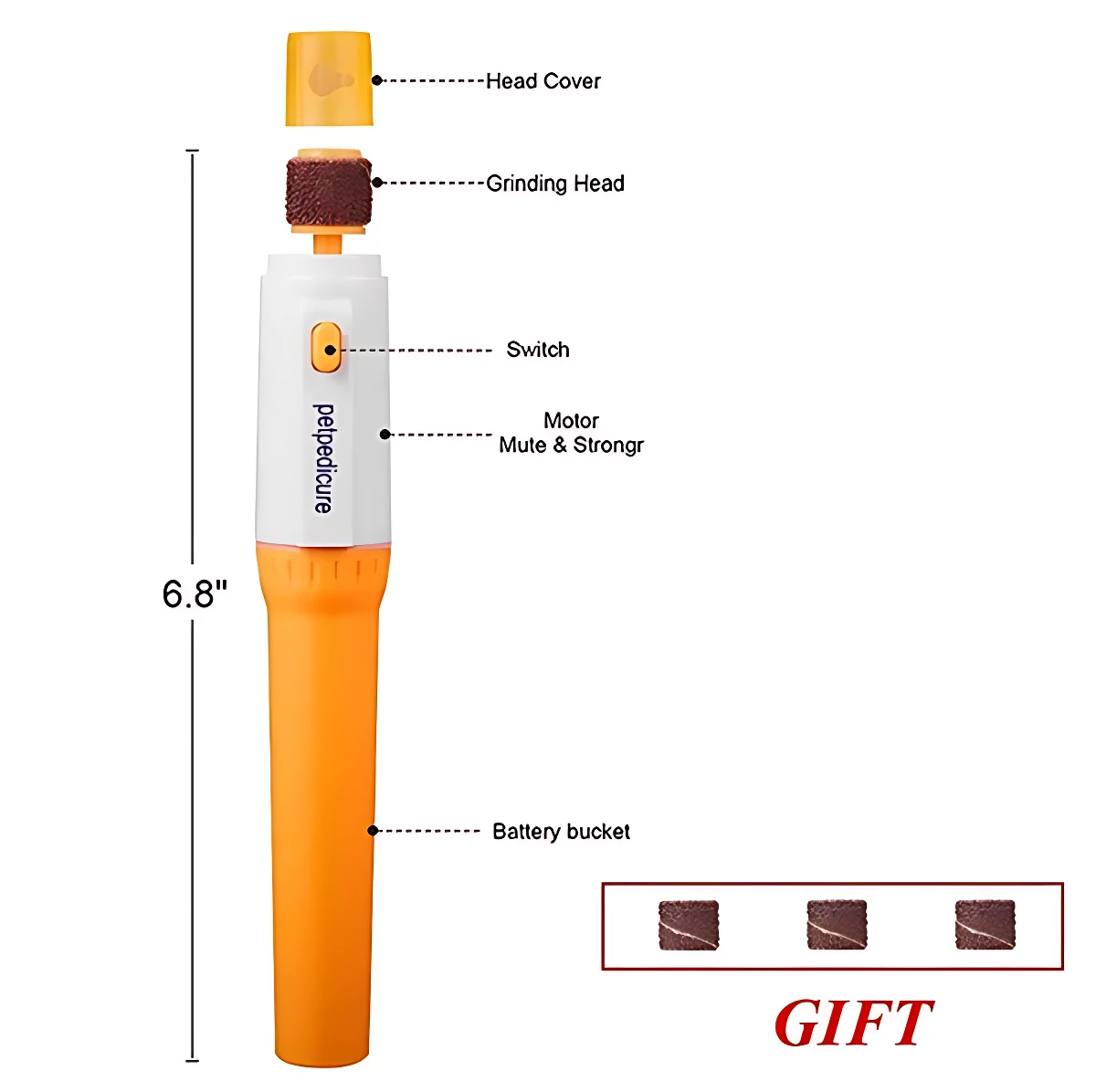 Pulidor eléctrico de callos en naranja con cabezal de lija, batería incluida y tres accesorios extra como regalo. Mide 6,8 pulgadas.