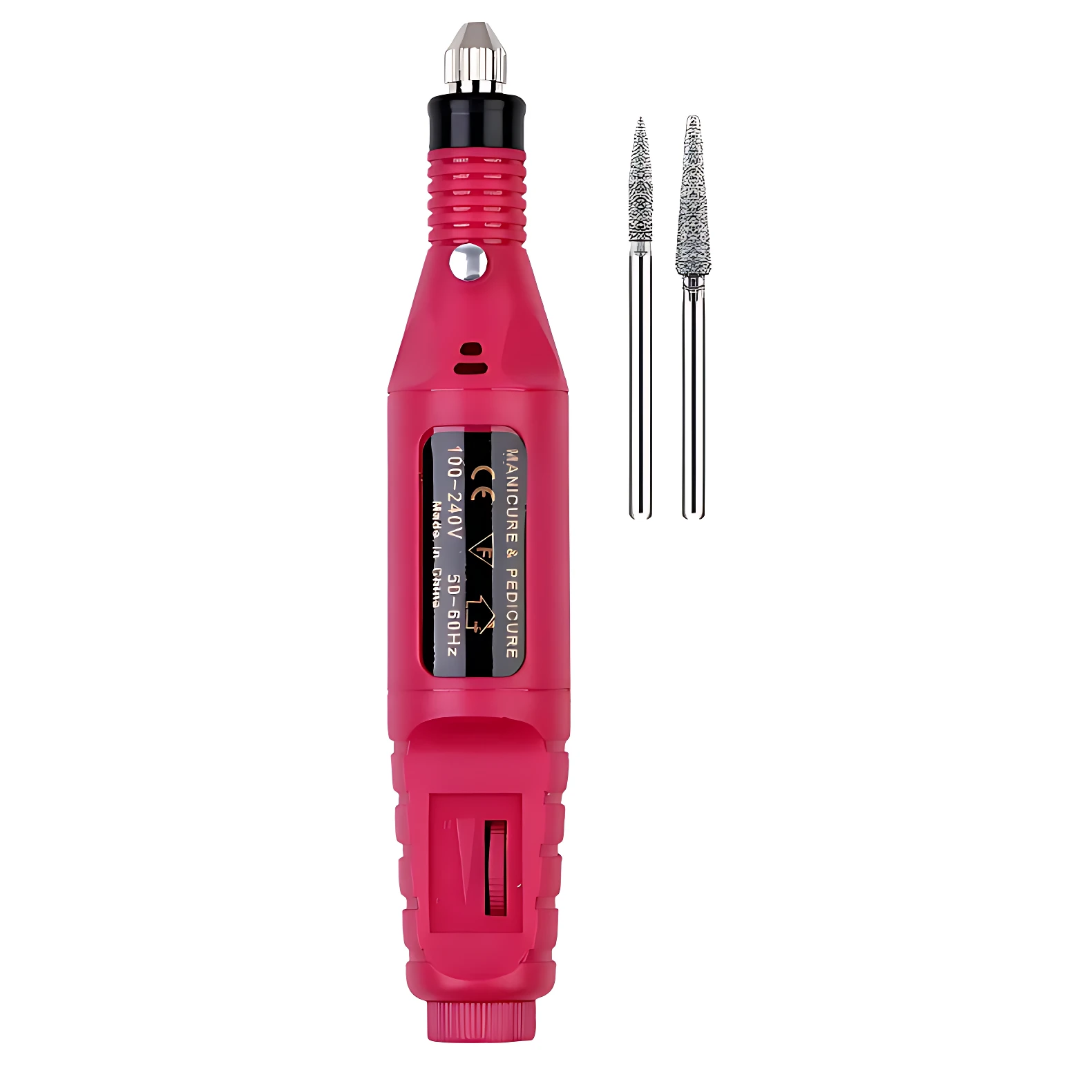 Pulidor de uñas eléctrico en color rosa con dos accesorios intercambiables, modelo Vs-2, ideal para manicuras profesionales en casa.