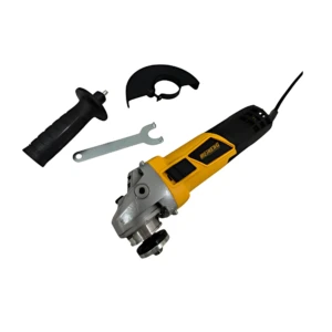Pulidora angular de 4.5 pulgadas en amarillo y negro, con mango auxiliar, guardapolvo y llave de ajuste, ideal para metalmecánica.