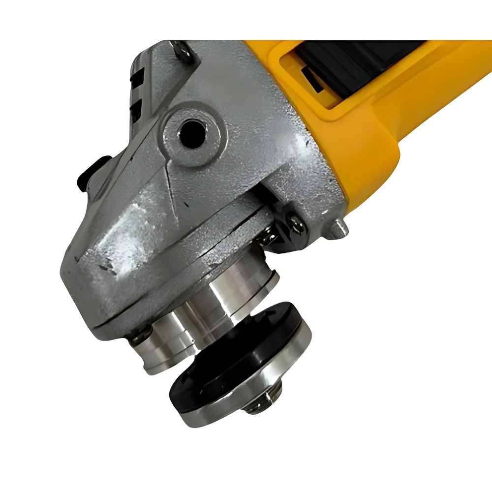 Pulidora angular de 4.5 pulgadas con cuerpo amarillo y cabeza metálica, vista frontal del cabezal de corte y pulido.