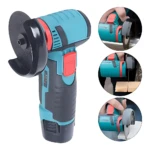 Pulidora inalámbrica 12V en azul y negro, con disco de corte visible y detalles en rojo; incluye vistas de uso en madera y metal.