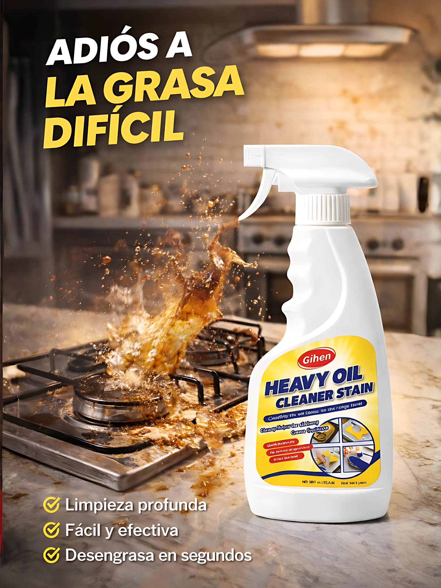 Botella blanca de quitagrasa Heavy Oil con etiqueta amarilla y azul, mostrando acción de limpieza sobre estufa con grasa carbonizada. Texto en español destaca eliminación de grasa difícil.