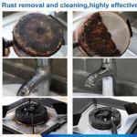 Comparación de antes y después: quitamanchas de óxido en polvo restaura brillo en ducha, grifería y quemador de cocina.