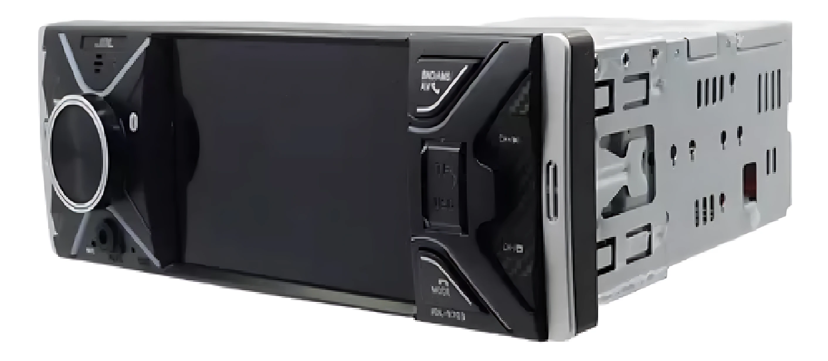 Radio JDL de 4 pulgadas con pantalla táctil, controles laterales en negro y carcasa metálica plateada, vista frontal lateral.