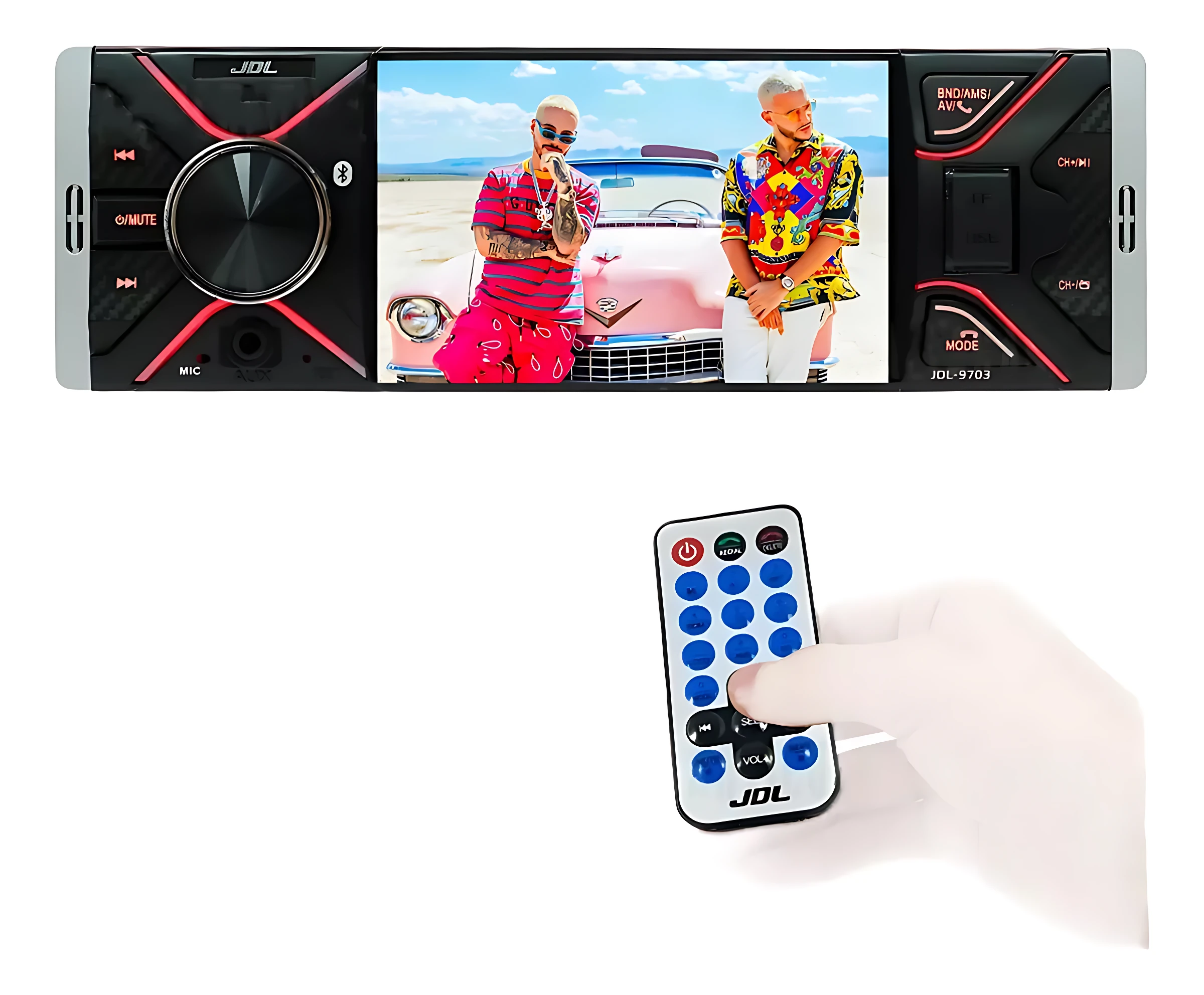 Radio JDL de 4 pulgadas con pantalla táctil, controles físicos y mando a distancia, mostrando reproducción de video y cámara trasera.