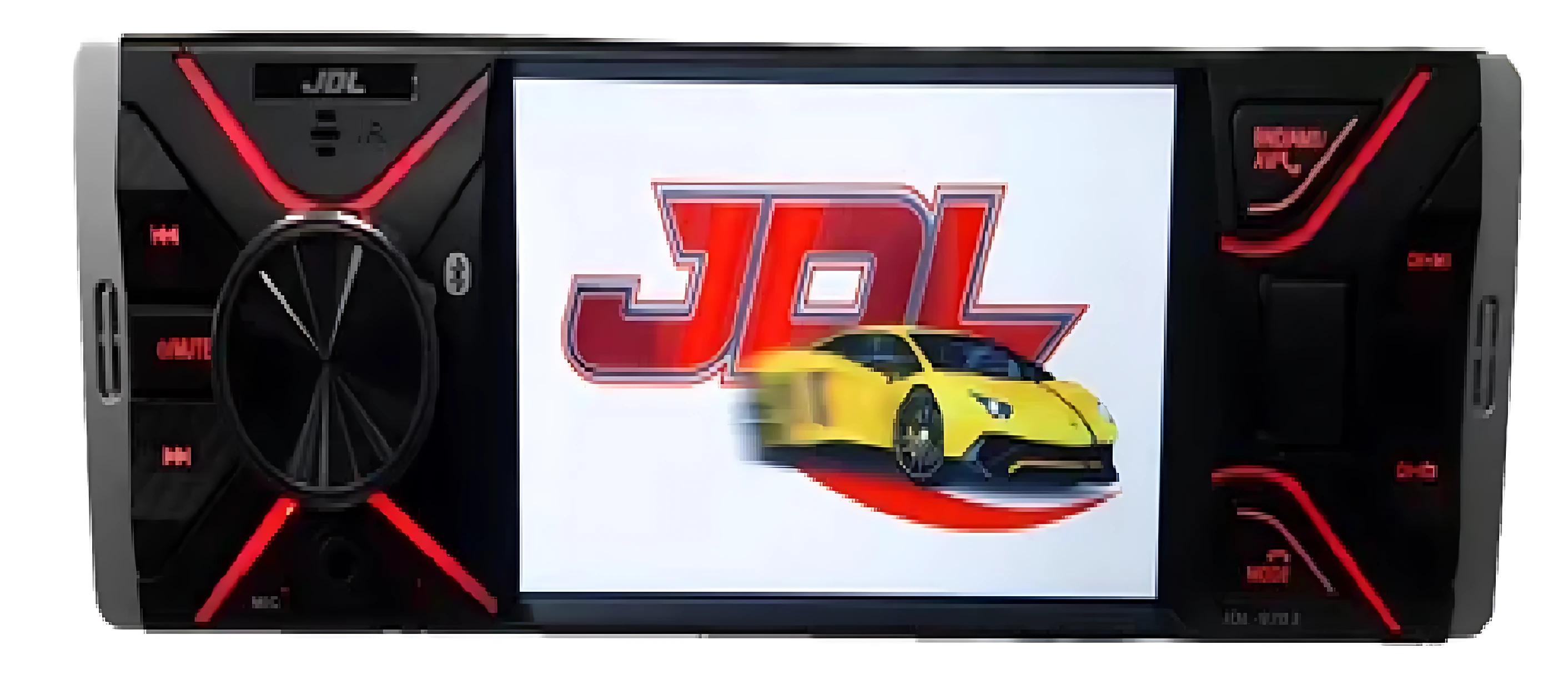 Radio JDL de 4 pulgadas con pantalla táctil, controles laterales en negro y rojo, logotipo y auto deportivo amarillo en la interfaz.
