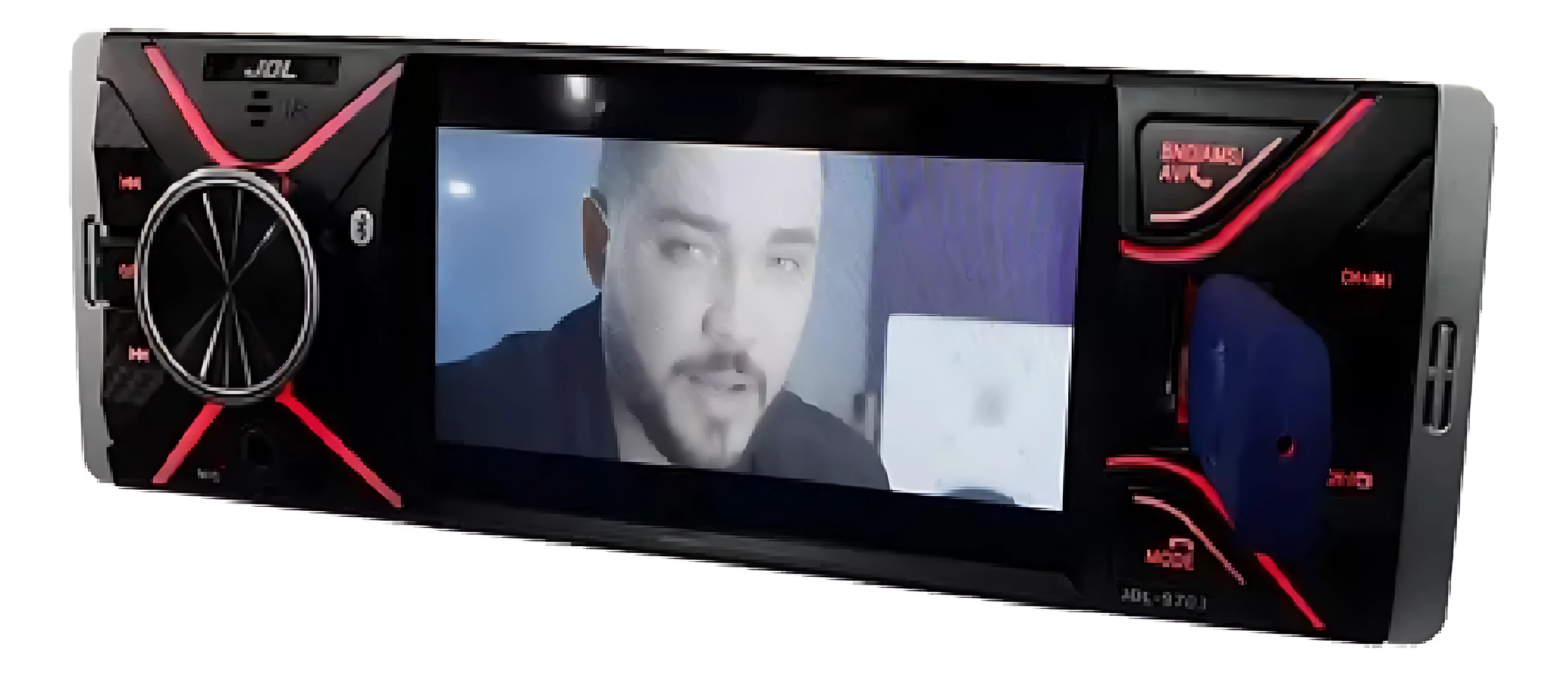 Radio JDL de 4 pulgadas en negro con detalles rojos, pantalla encendida mostrando video y controles laterales visibles.