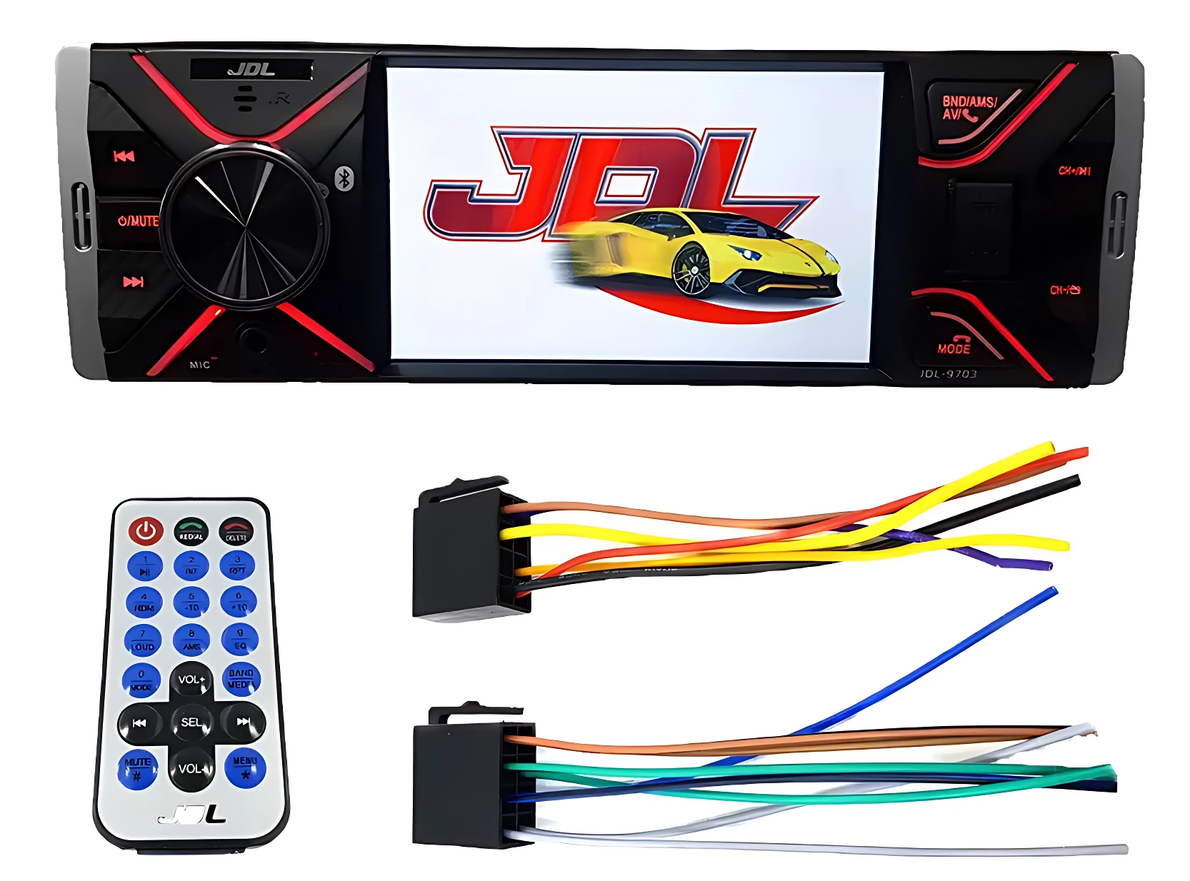 Radio JDL de 4 pulgadas con pantalla táctil, cámara reversa y Bluetooth. Incluye mando a distancia y cableado de conexión.