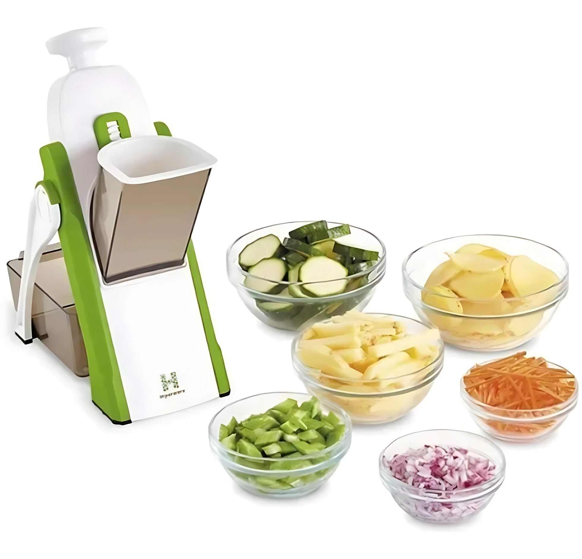 Rallador mandoline verde con mango seguro, mostrando seis recipientes de vidrio con vegetales cortados: calabacín, papas, zanahorias, cebolla morada, pimientos verdes y manzanas.