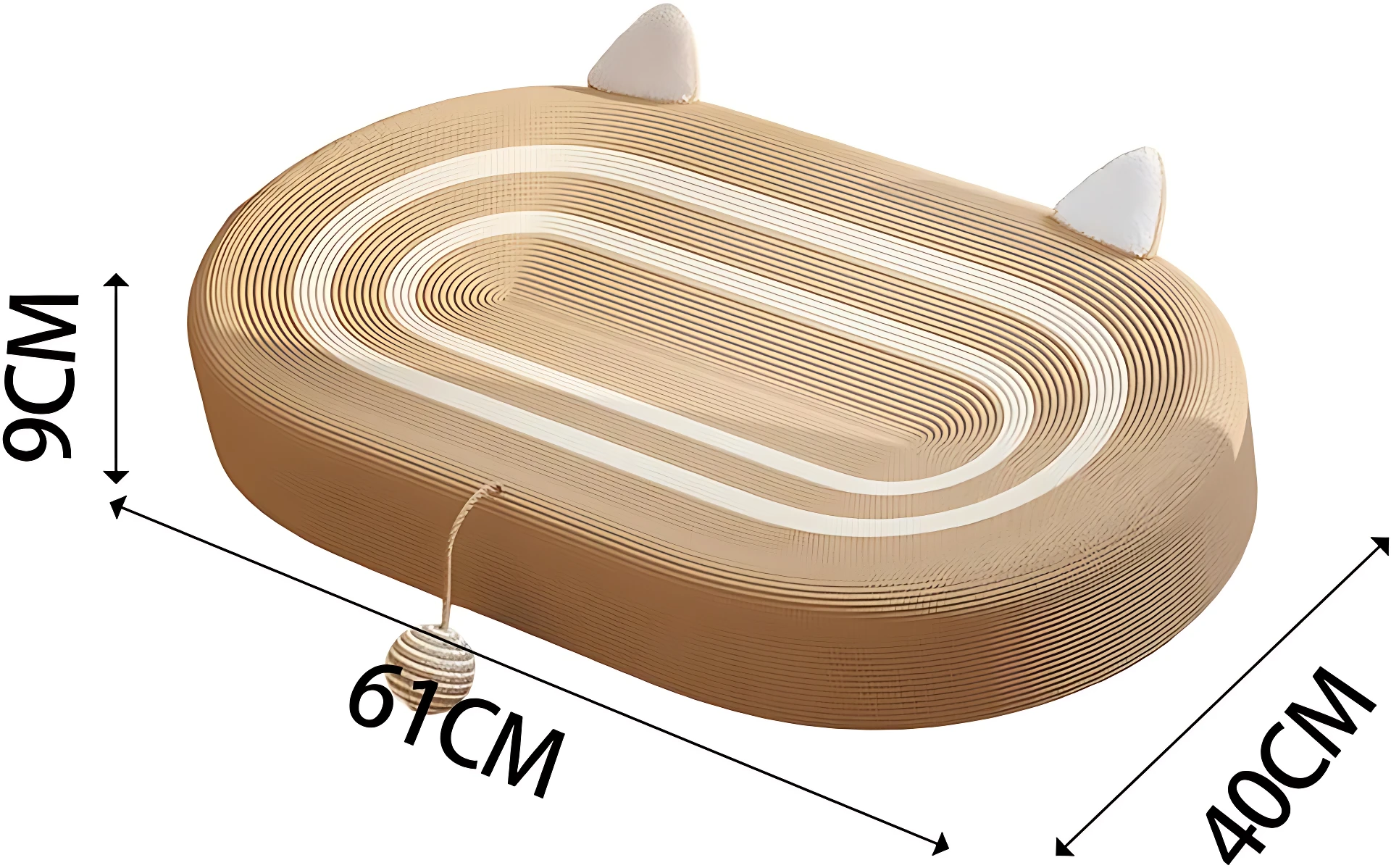 Rascador cama para gatos en forma de pista ovalada, color beige con líneas blancas y orejas decorativas, mide 61x40x9 cm y cuenta con juguete colgante integrado.