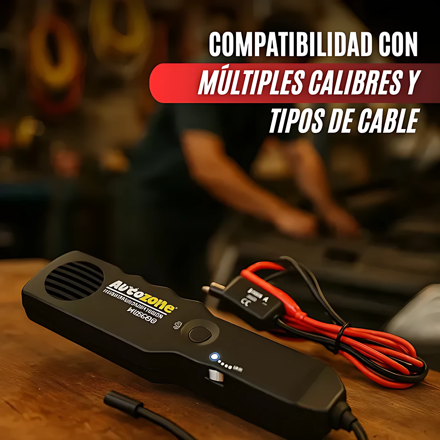 Rastreador de cables no invasivo AutoZone en negro, con cable rojo y negro, sobre superficie de madera; incluye indicador LED y texto visible en cuerpo del dispositivo.