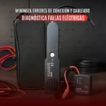 Rastreador de cables no invasivo en color gris oscuro con cable rojo y negro, estuche negro y adaptador de alimentación; incluye texto en español sobre diagnóstico eléctrico.
