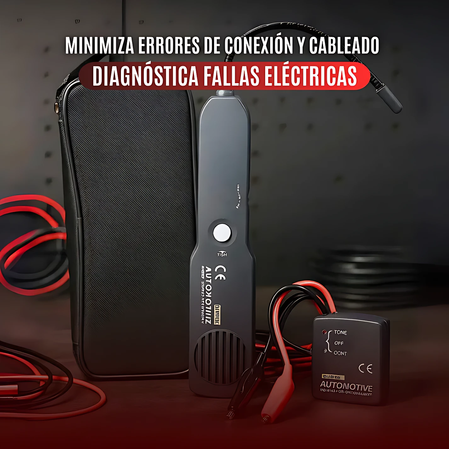 Rastreador de cables no invasivo en color gris oscuro con cable rojo y negro, estuche negro y adaptador de alimentación; incluye texto en español sobre diagnóstico eléctrico.