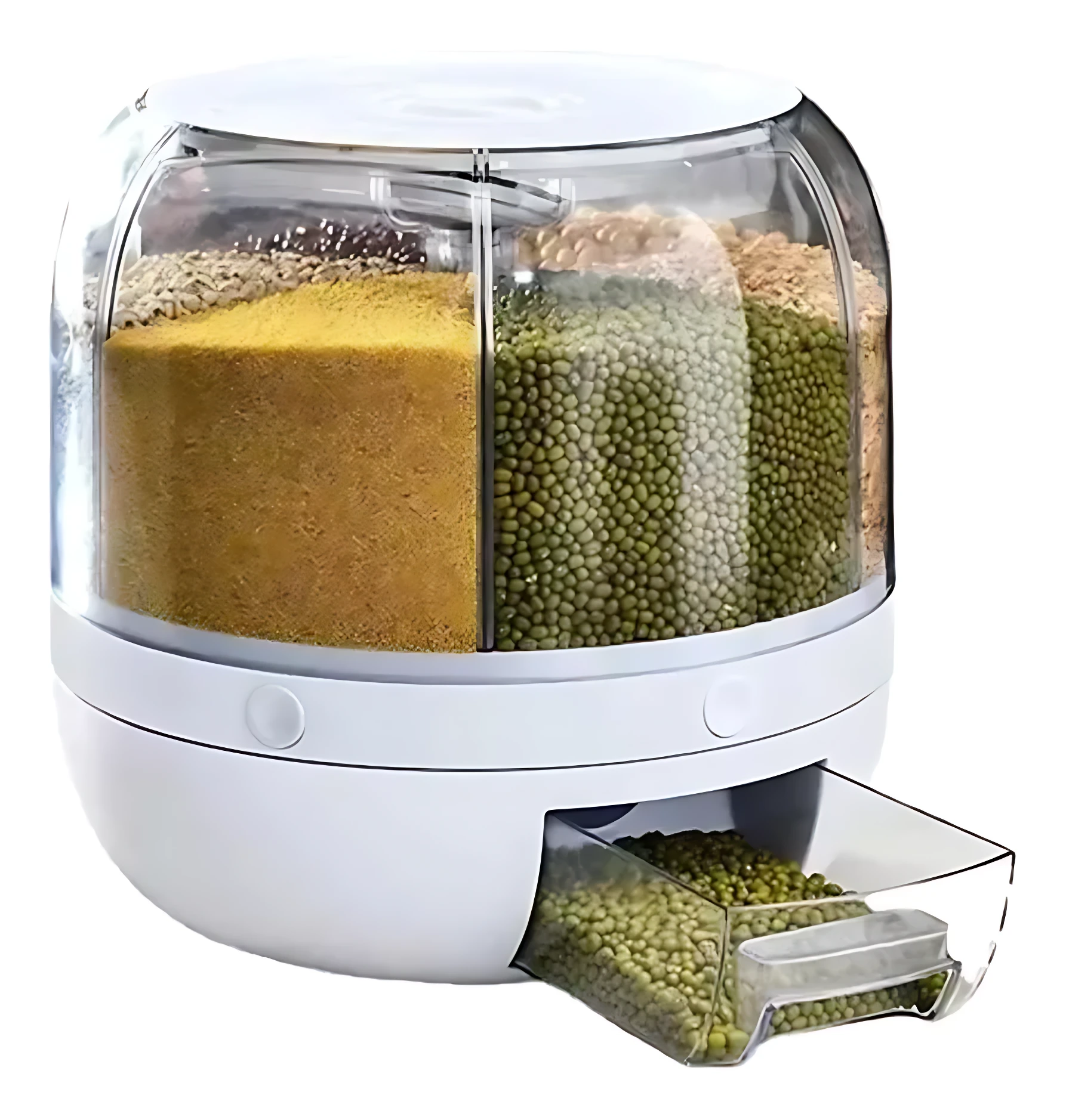 Dispensador giratorio blanco con seis compartimentos transparentes, mostrando granos como lentejas, arroz y semillas, con dispensador extraíble en la parte inferior.
