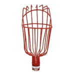 Recolector de frutas tipo bellota en acero resistente, color rojo, con estructura de alambre y base blanca para protección durante la cosecha en árboles altos.