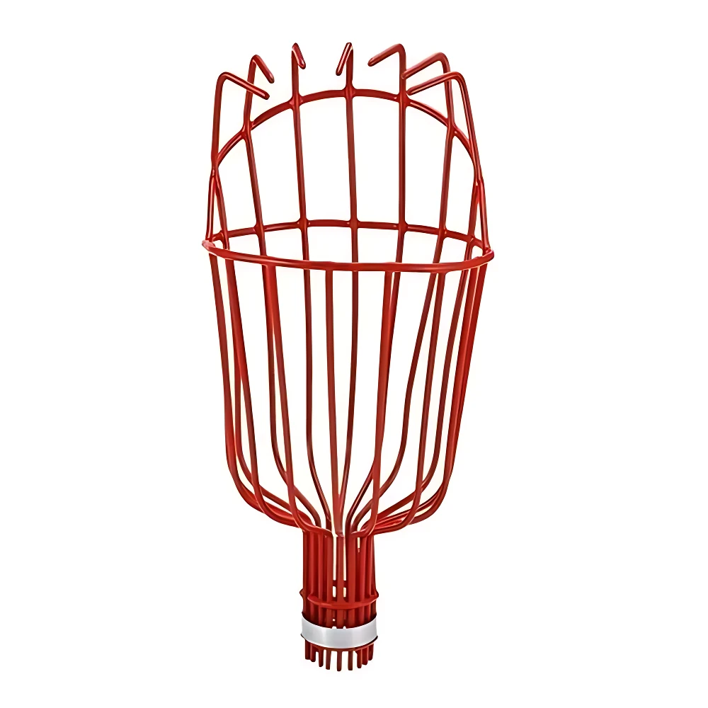 Recolector de frutas tipo bellota en acero resistente, color rojo, con estructura de alambre y base blanca para protección durante la cosecha en árboles altos.