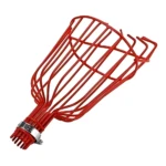 Recolector de frutas tipo bellota en acero resistente, color rojo brillante, con estructura de rejilla y mango metálico para uso en árboles altos.