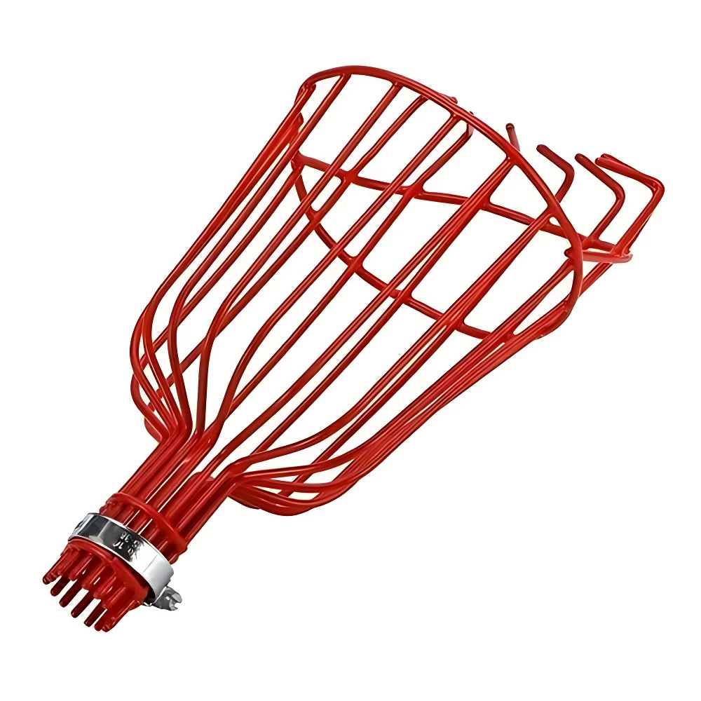 Recolector de frutas tipo bellota en acero resistente, color rojo brillante, con estructura de rejilla y mango metálico para uso en árboles altos.