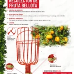 Recolector de frutas tipo bellota en color rojo, con estructura de alambre de acero al carbono, mango ajustable y base para múltiples pértigas. Ideal para recolección en árboles altos.