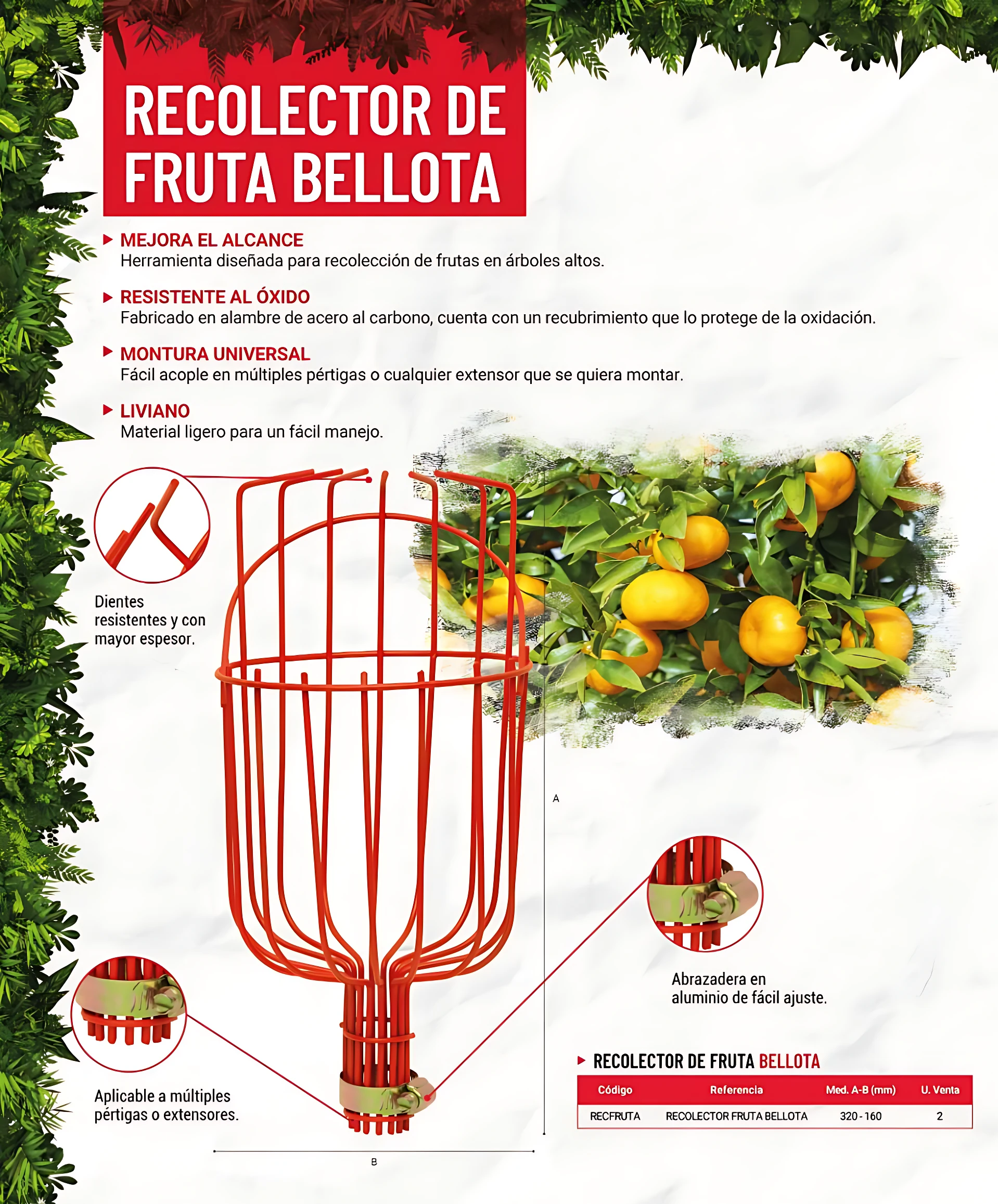 Recolector de frutas tipo bellota en color rojo, con estructura de alambre de acero al carbono, mango ajustable y base para múltiples pértigas. Ideal para recolección en árboles altos.