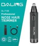 Recortadora nasal Daling DL-7106 en color negro, con cable USB incluido y accesorios visibles. Diseño ergonómico para uso profesional.