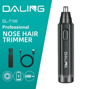 Recortadora nasal Daling DL-7106 en color negro, con cable USB incluido y accesorios visibles. Diseño ergonómico para uso profesional.