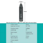 Recortadora nasal y de orejas en color negro, modelo DL-7106, con dimensiones de 128x27mm, carga USB y potencia de 1W.