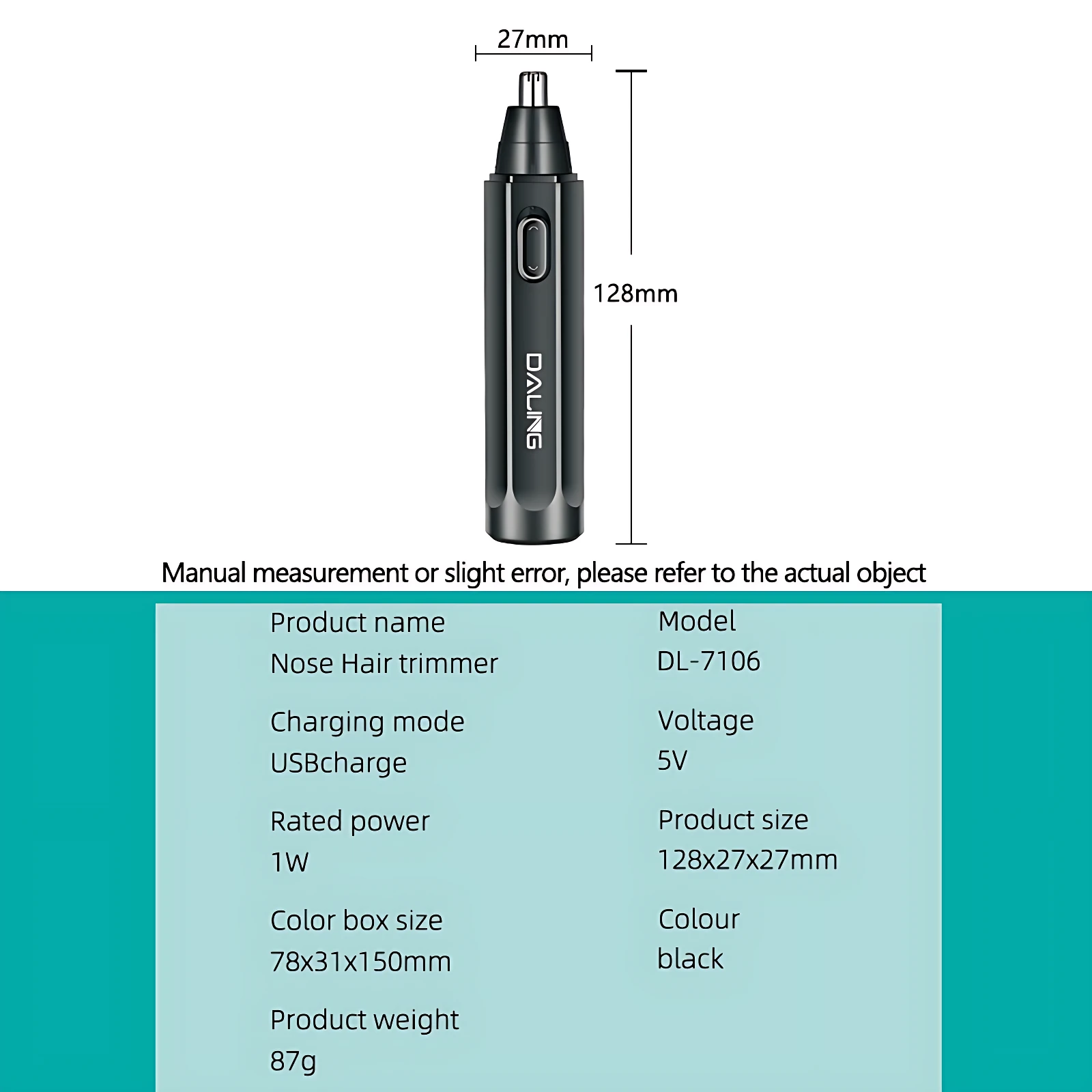 Recortadora nasal y de orejas en color negro, modelo DL-7106, con dimensiones de 128x27mm, carga USB y potencia de 1W.