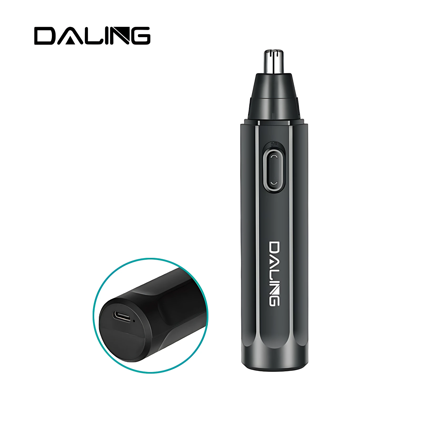 Recortadora nasal y de orejas Daling en color negro con detalles plateados, incluye vista ampliada del puerto USB para carga.