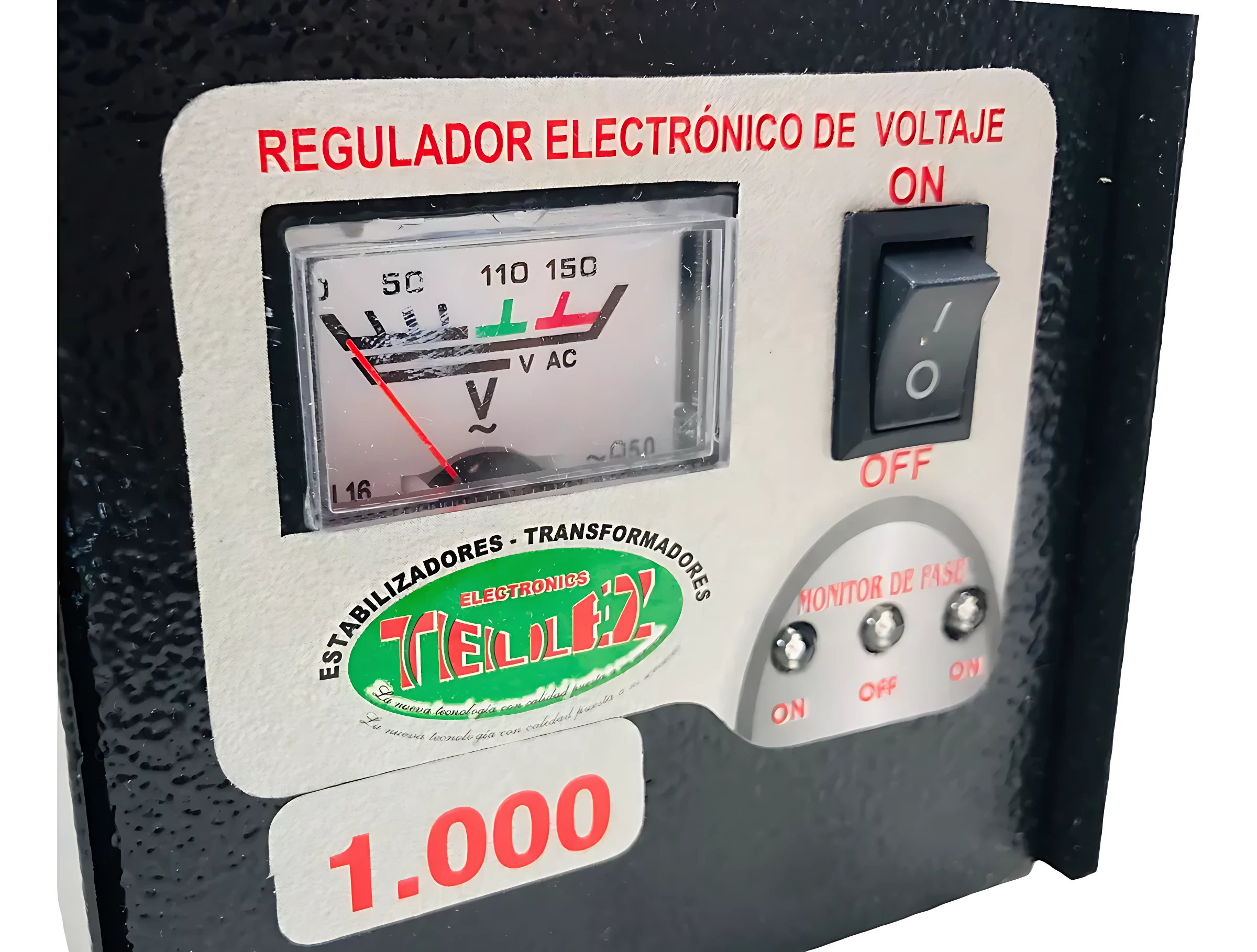 Regulador de voltaje electrónico con indicador analógico y interruptor de encendido/apagado, panel frontal en color blanco sobre carcasa negra.